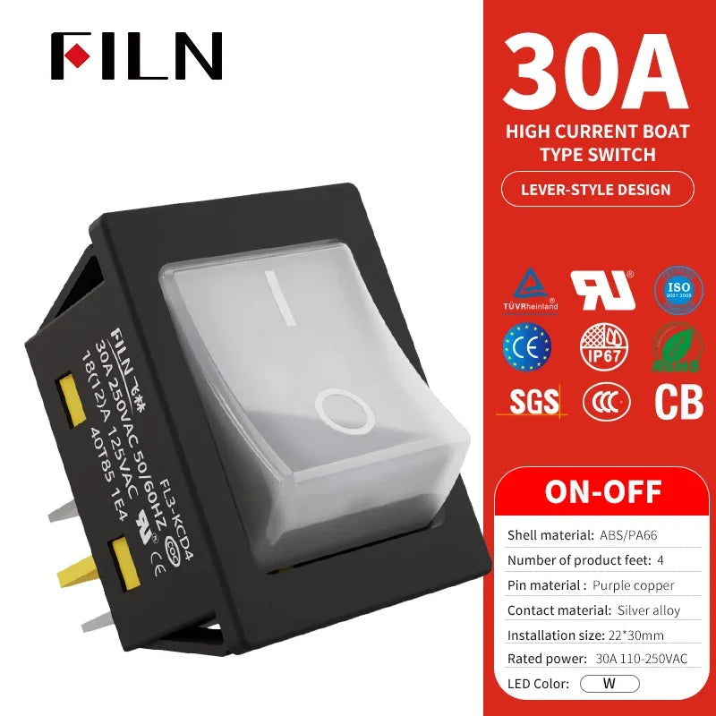 30A/250V Heavy Duty 4 Pin DPST IP67 Sealed Waterproof T85 Auto Boat Marine Toggle Rocker Switch with LED 12V 220V 30x22