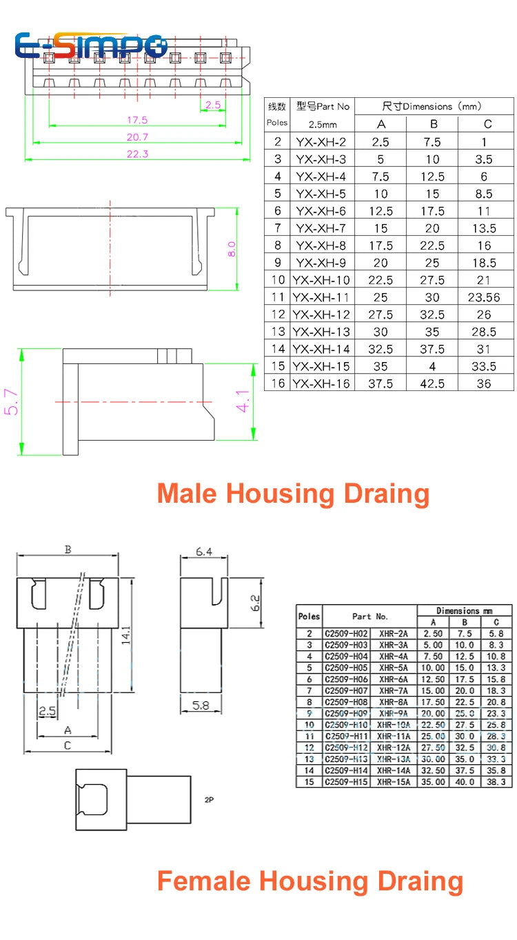 10pcs 22awg/26AWG XH2.54 10/20/30cm Female Male 2P 3P 4P 5P 6P Plug Butt-joint Aerial Dock Crimp Terminal Wire Cable Connector
