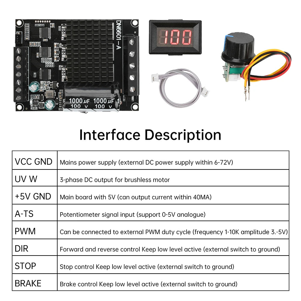 DC 6-72V BLDC Three Phase DC Brushless Motor Controller PWM High Power 1600W 20A Hall Motor Control Driver Board Motor Regulator
