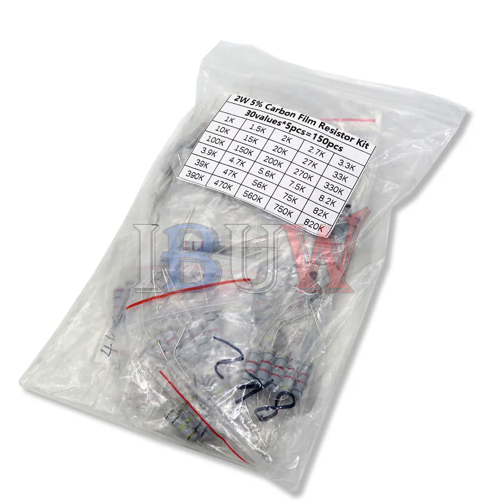 150PCS 300PCS Resistor Kit 1W 2W 3W 5W 5% 30values X 10PCS Carbon Film Resistance 0.1-750 ohm Set 1k-820K 30values X 5PCS