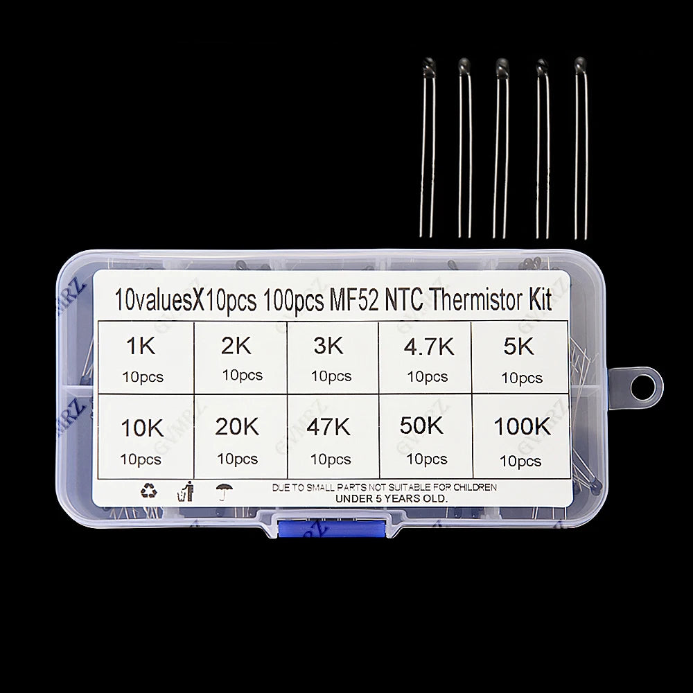 100PCS 10Values*10PCS 50K 100K NTC Thermistor Thermal Resistor Kit MF52 NTC-MF52AT 1K 2K 3K 4.7K 5K 10K 20K 47K 5% 3950B