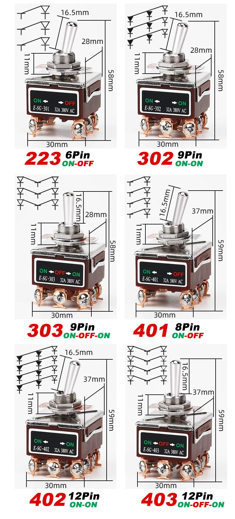 High Current Rocker Switch 2/3/4/6/8/9/12Pin Self Reset/Self-locking Toggle Switch Copper Pin 32A 250VAC Power Button Switch