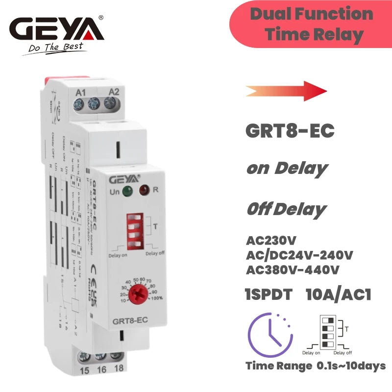 GEYA GRT8-EC 10A Dual Function Timer Relay on Delay or off Delay Relay AC220V/DC24V AC380V ACDC24V-240V Time Relay CE CB ROHS