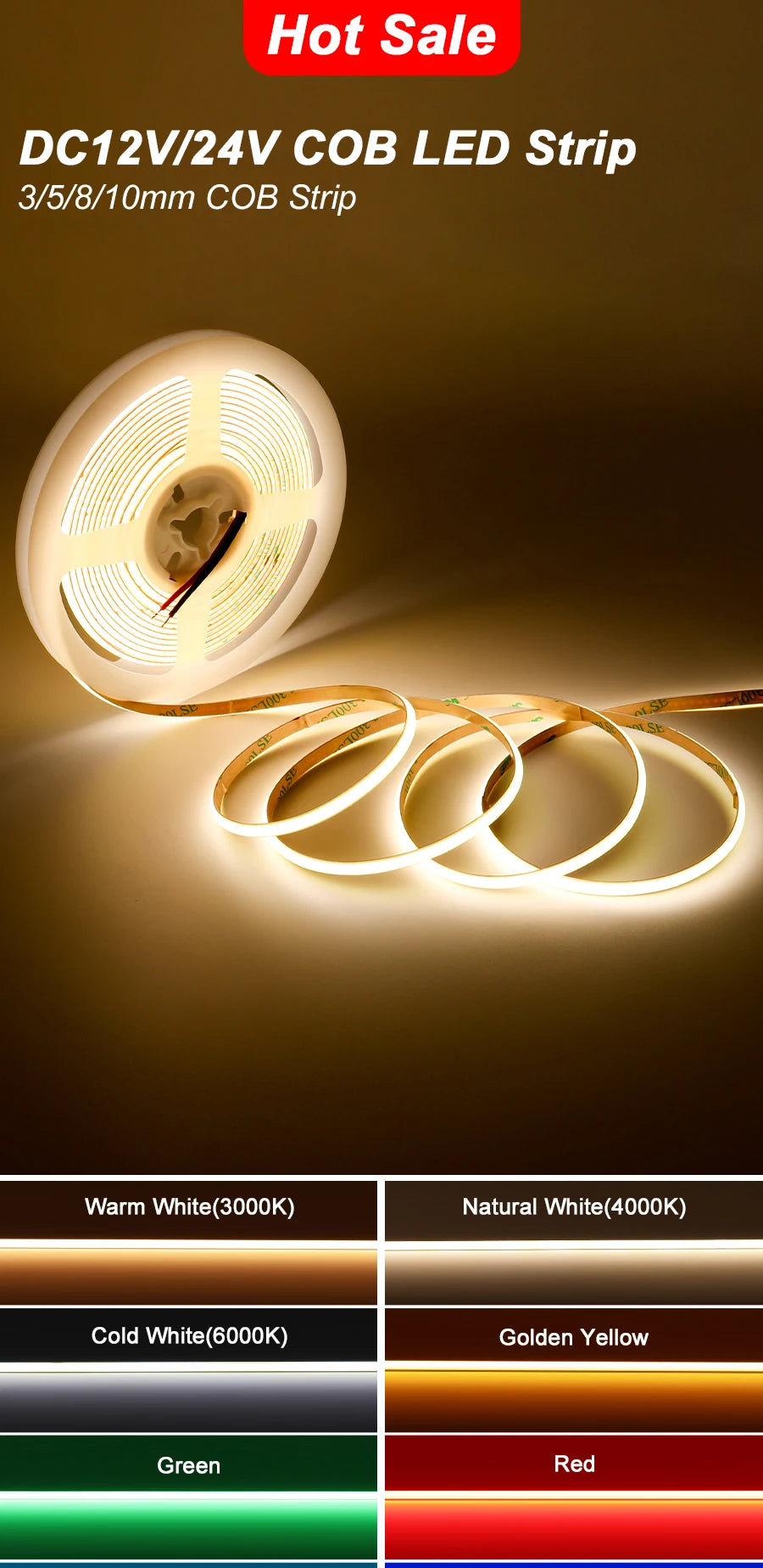 FOB COB LED Strip 12V 24V DC RA90 Flexible High Bright Tape LED 3mm 5mm 8mm 10mm Light Bar Ice Blue White Red Green Pink Yellow