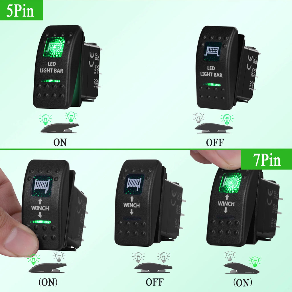 12V/24V Marine Rocker Switch Green LED SPST ON-OFF & DPDT ON-OFF-ON Momentary Toggle for 4x4 Off-Road RZR ATV ARB Carling Style