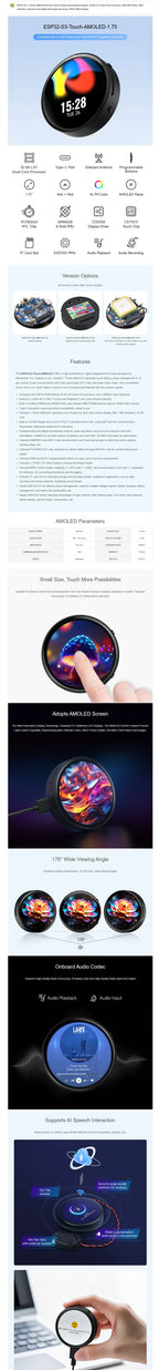 Waveshare 1.75inch AMOLED Round Touch Display ESP32 S3 Development Board 32 Bit LX7 Dual Core Processor ESP32 with Display