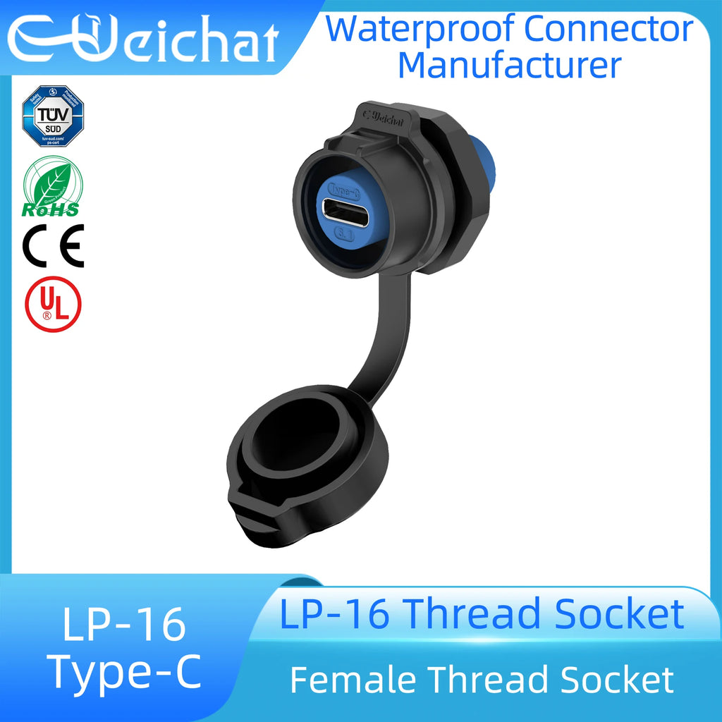 EW-LP16 Type-C USB 3.1 5A Female Socket Rear Nut Locking Jack Panel Mount Connector Waterproof Fast Charging Data Wire Cable