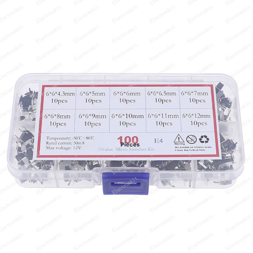 100pcs 10value 6x6mm Panel PCB Momentary Tactile Tact Mini Switch kit Box6*6*4.3/5/6/6.5/7/8/9/10/11/12mm Right Angle With stent