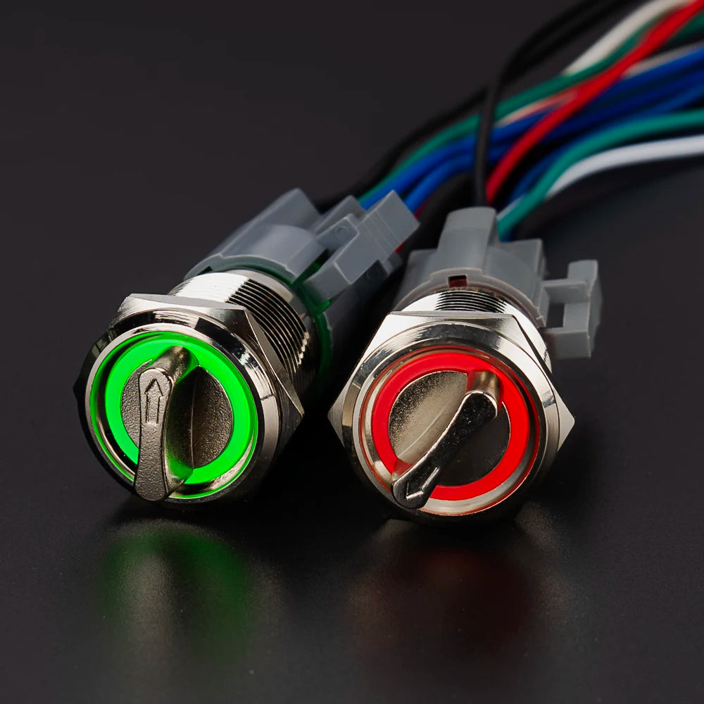 16MM 19MM 22MM Self-return Self-locking Waterproof DPDT Illuminated Metal Selector Knob Rotary Switch 2 3 Position LED Lamp Red