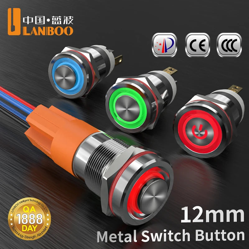 LANBOO 12E 7A High Current 4 Pin Switch Waterproof IP65 Latching or Momentary Micro Metal Push Button Switch with LED 24V220V