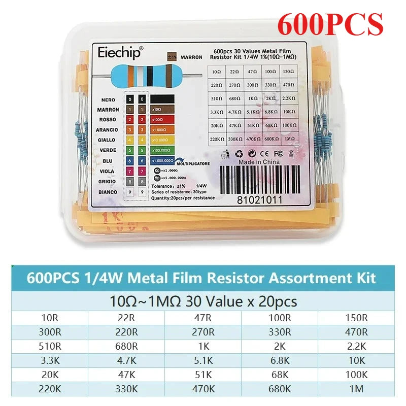 300/600pcs 1/4W Metal Film Resistor Kit 0.25W Resistors 1% 30 Values 10Ω~1MΩ Colored Ring Resistance Electronic Kit