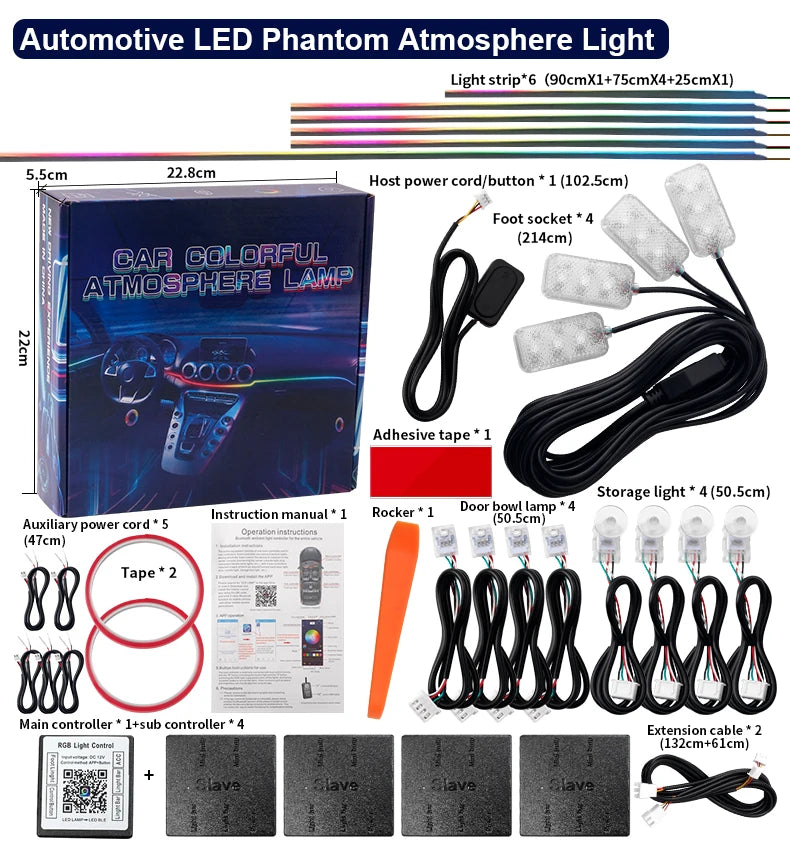6/10/14/18 in 1 Led Car Ambient Lights RGB 213 64 Color Acrylic Strips Symphony Streamer Interior Atmosphere Lamp Control By App
