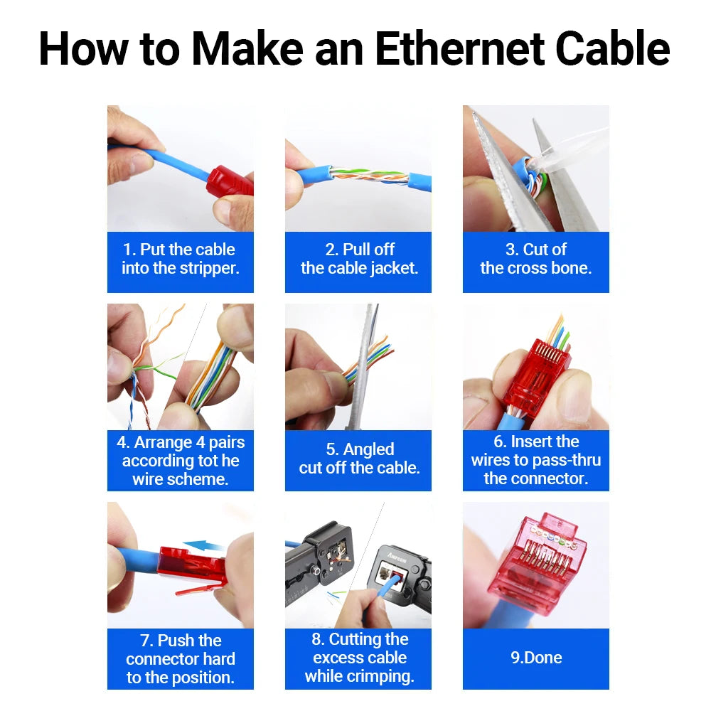 AMPCOM RJ45 Plug Cat6 Pass Through Connectors EZ to Crimp Modular Network Connector for Computer Hardware Stranded UTP Cable