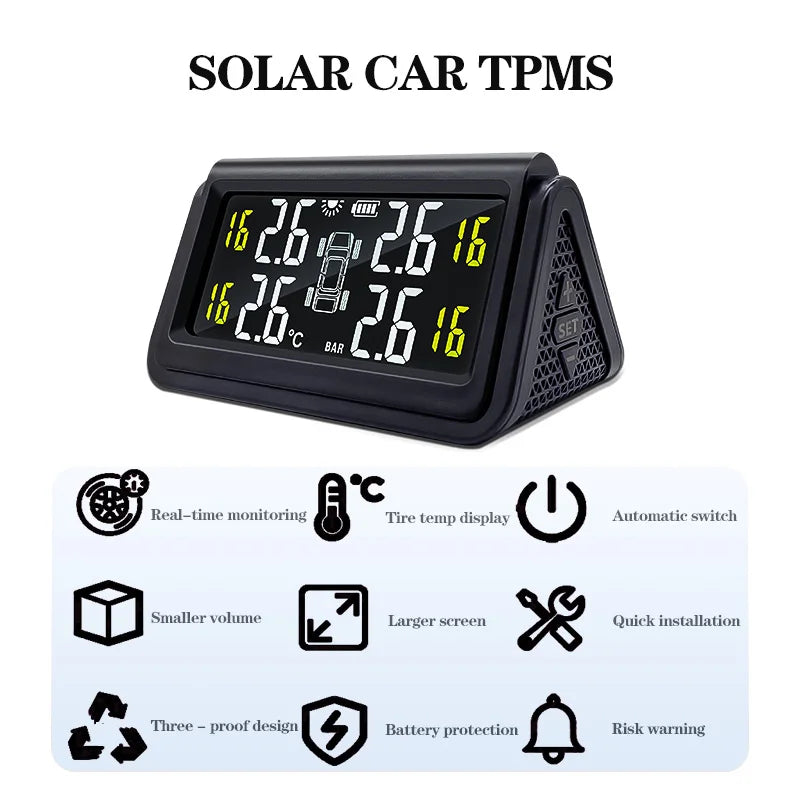 Solar Wireless Tire Pressure Monitoring System TPMS Auto Security Alarm Device Digital Colorful Display With 4 sensors