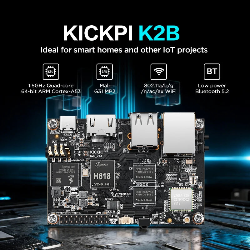 KICKPI K2B 4GB DDR 32GB EMMC H618 SBC, Quad-Core Cortex-A53, Mali-G31 MP2, 4K HDMI, Gigabit Ethernet, WiFi 5, BT