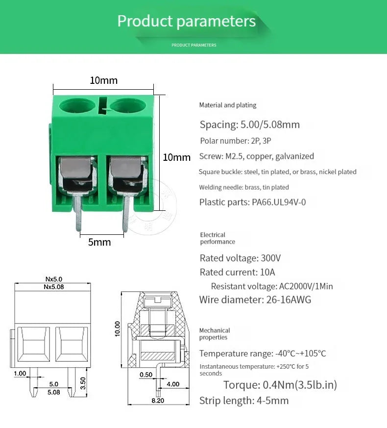 100PCS KF301-2P 3p Splicing, screw type PCB spacing 5.0 connector terminals, terminal KF301 Red, blue, green, black