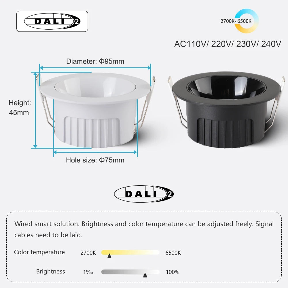 Recessed Round LED COB Ceiling Spot Light 5 CCT Switchable/ Tuya BLE/ Zigbee/ DALI Fixtures Lighting Indoor Smart Lamp Lighting