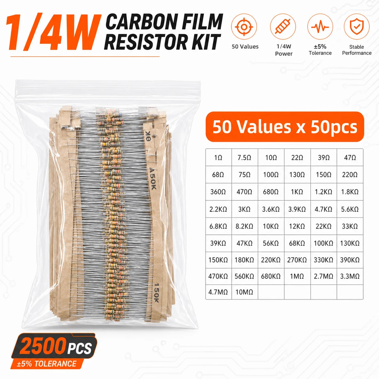 Carbon Film Resistor Kit 1/8W 1/4W 1/2W 1W 2W 3W 5W 5% 4 Band Through Hole Axial Lead Resistor DIY Electronic Components