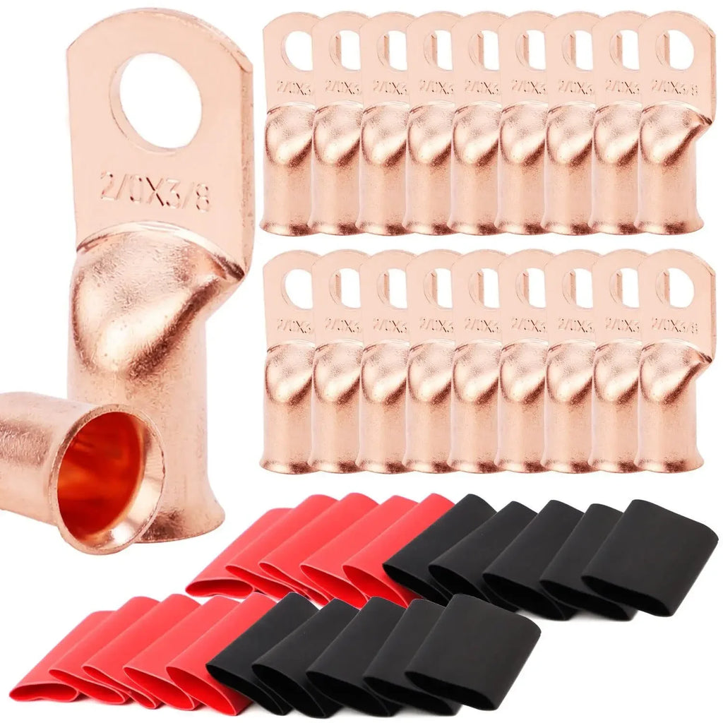 10pcs Copper Terminal Connectors, AWG 2 4 6 8 1/0 2/0 Ring Lug With Shrink Tubing 10Battery Cable Lugs, With 10 Shrink Tubing