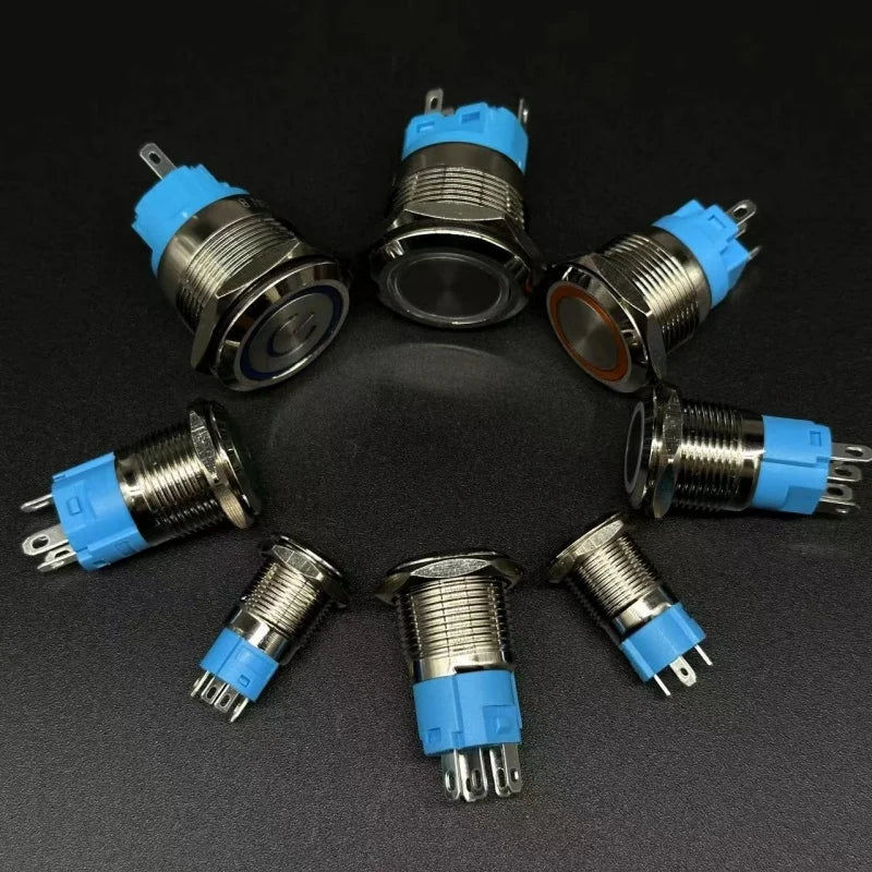 12 16 19 22MM Metal Button Switch LED Light Waterproof Momentary  Self-Locking Car Engine Power Supply 5V 6V12V24V 220V Red Blue