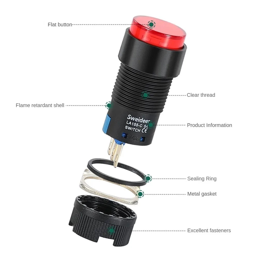 16mm LED Illuminuted Push Button Switch 12/24/220V Momentary Self-locking on Off with Light Square Round Rectangle Power Switch