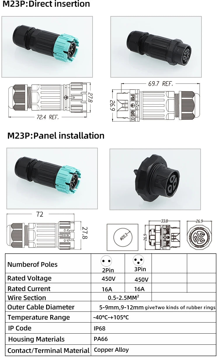 P23 quick connection waterproof connector IP68 waterproof connector male and female aviation plug LED adapter cable connection