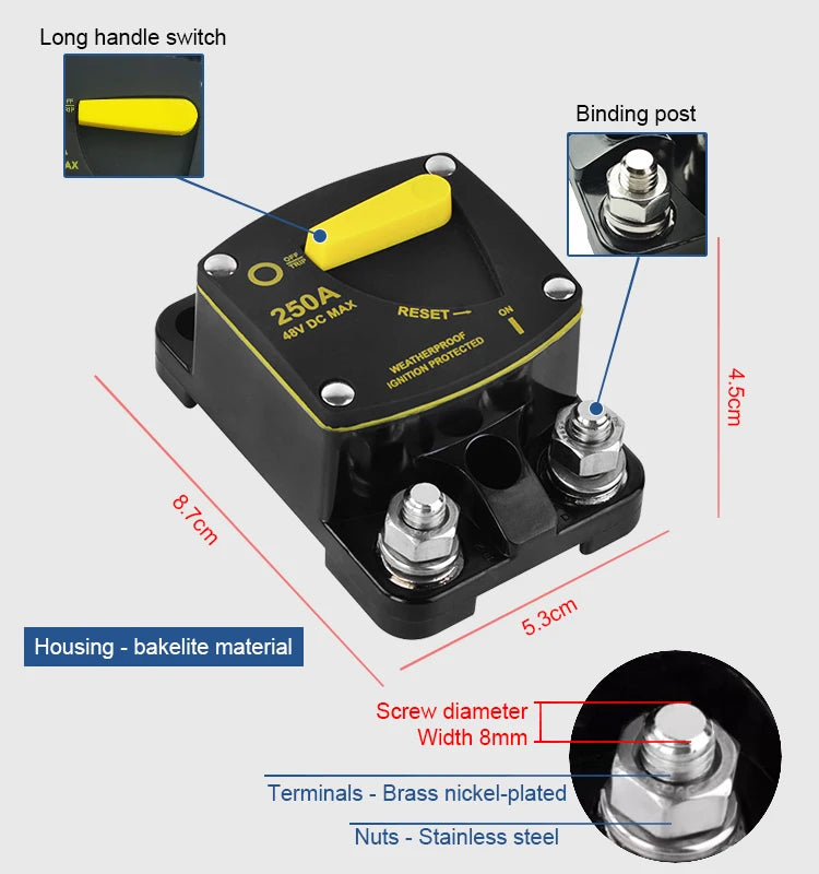 Circuit Breaker Reset Fuse 12v 24v 48v DC 20A-300A 250A Solar Fuse Car Boat Audio Manual Power Protect Fuse Resettable Insurance