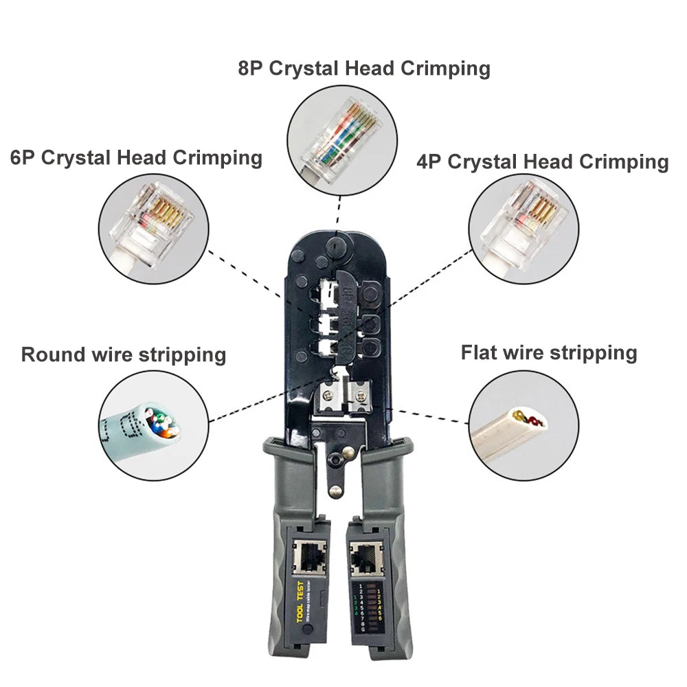 Professional Wire Stripper CAT6 Crystal Head Crimping Tool with RJ45 Cables Meter Tester for 4P/6P/8P Network Cable Cutters
