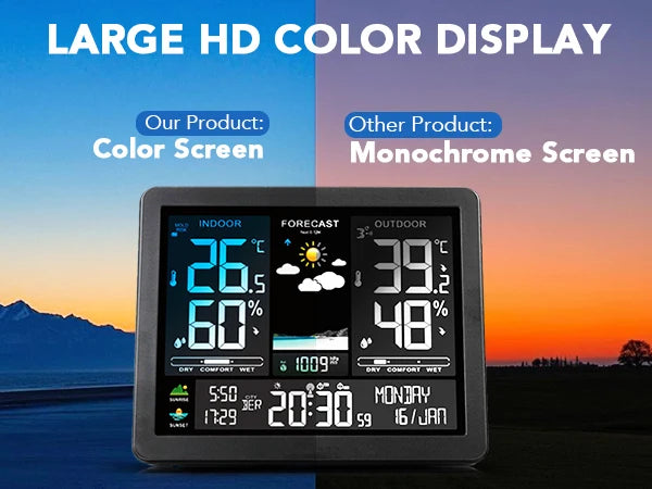 Wireless Weather Station Digital Indoor Outdoor Thermometer Hygrometer with 3 Remote Sensors Sunrise Sunset Forecast Alarm Clock