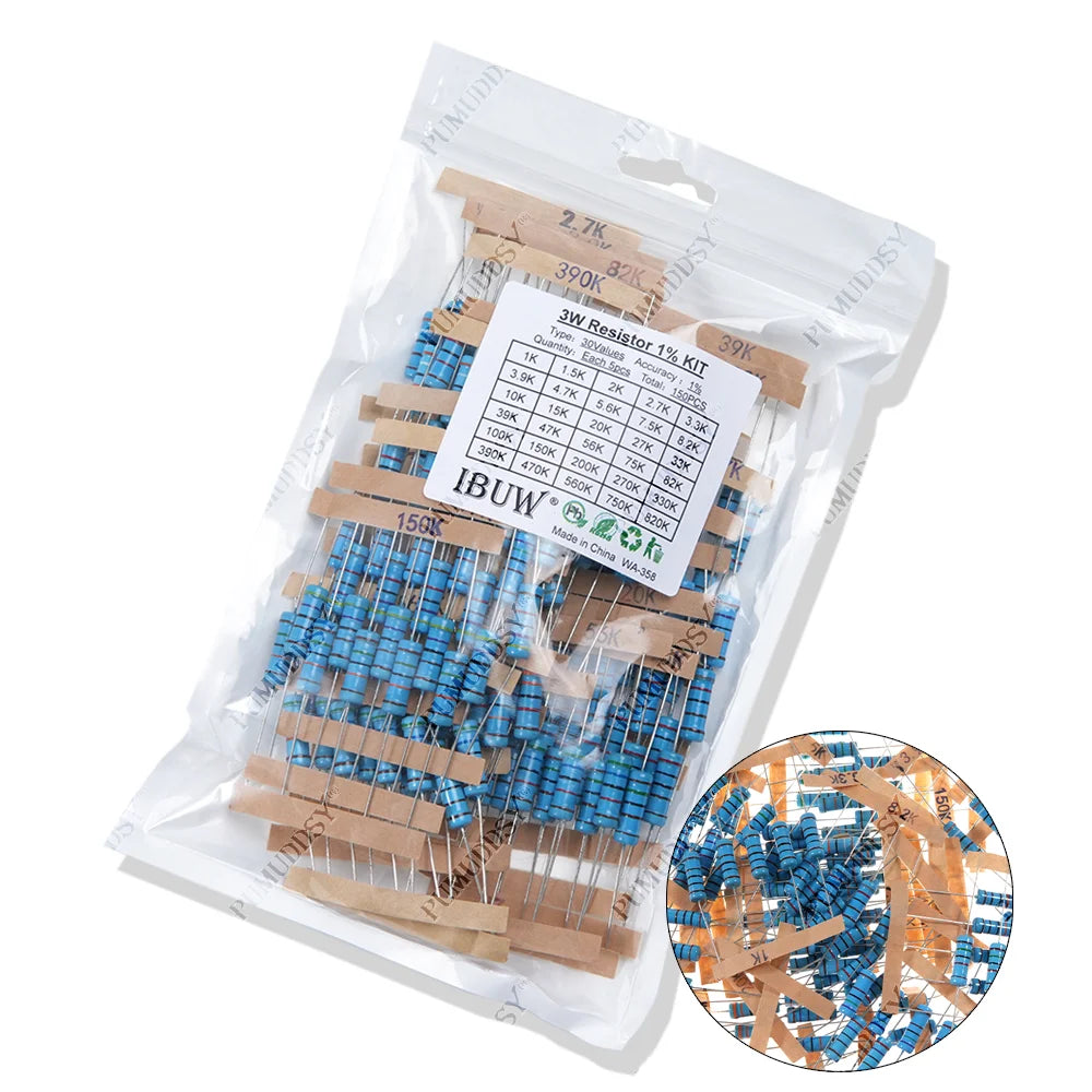 300PCS/Set 30 Kinds 1/4W 1/2W 1W 2W 3W Resistance 1% Metal Film Resistor Pack Assorted Kit 0.1R-750R 1K-820K Resistor 150PCS/Set