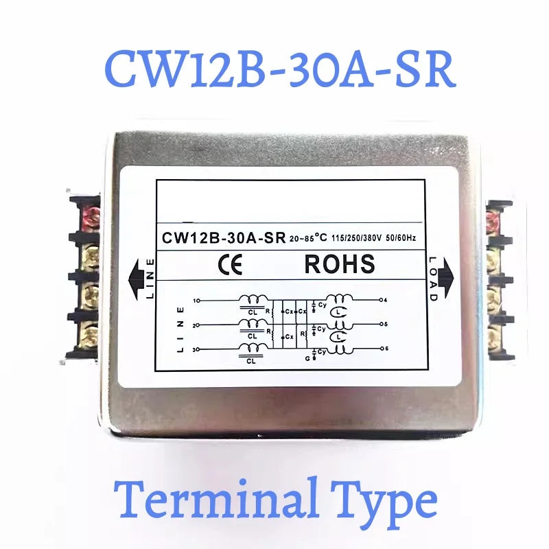 Three-Phase Power Filter inverter EMI Servo Filter Purifier CW12B-10/20/30/40/50/60A-S/SR AC 380V Three-Wire Rail Mount Terminal