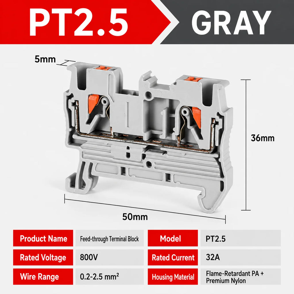 1-50Pcs PT2.5 Feed Through Terminal Block Push In Spring Connector 800V 32A 0.2-2.5mm2 DIN Rail NS35 Screwless Electrical Wiring
