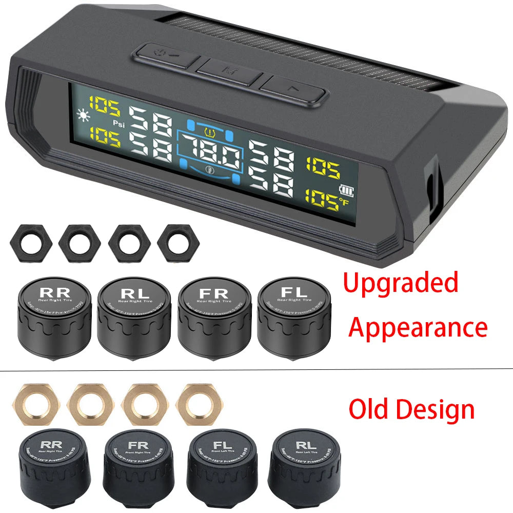 Tire Pressure Monitoring System Auto Security Alarm Systems Solar/USB Powered Tyre Temperature Monitor Car TPMS 4 Sensors