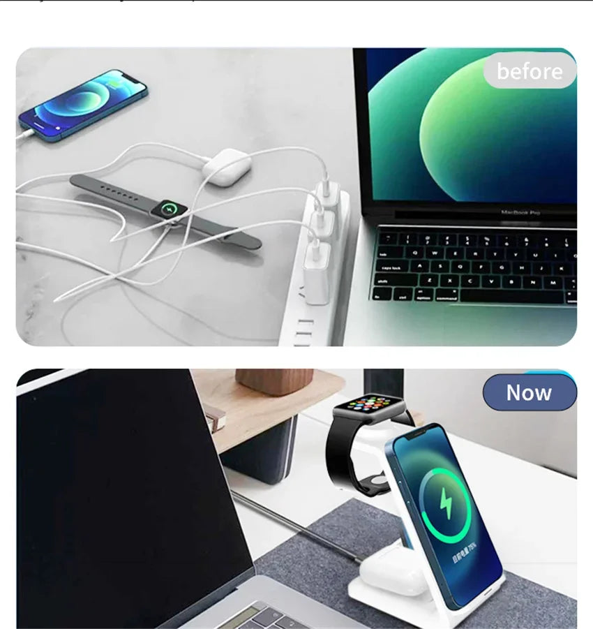 3 in 1 Wireless Charger Stand Fast Charging Dock Station for iPhone 15 14 13 12 11 X 8 Apple Watch 8 7 6 iWatch Airpods Pro