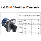 OMCH 1PCS Silver Contact LW26-20/32/63 Universal Switch 3 Position 1-0-2 1/2/3/4 Poles 440V 4/8/12/16Terminals Rotary Cam Switch