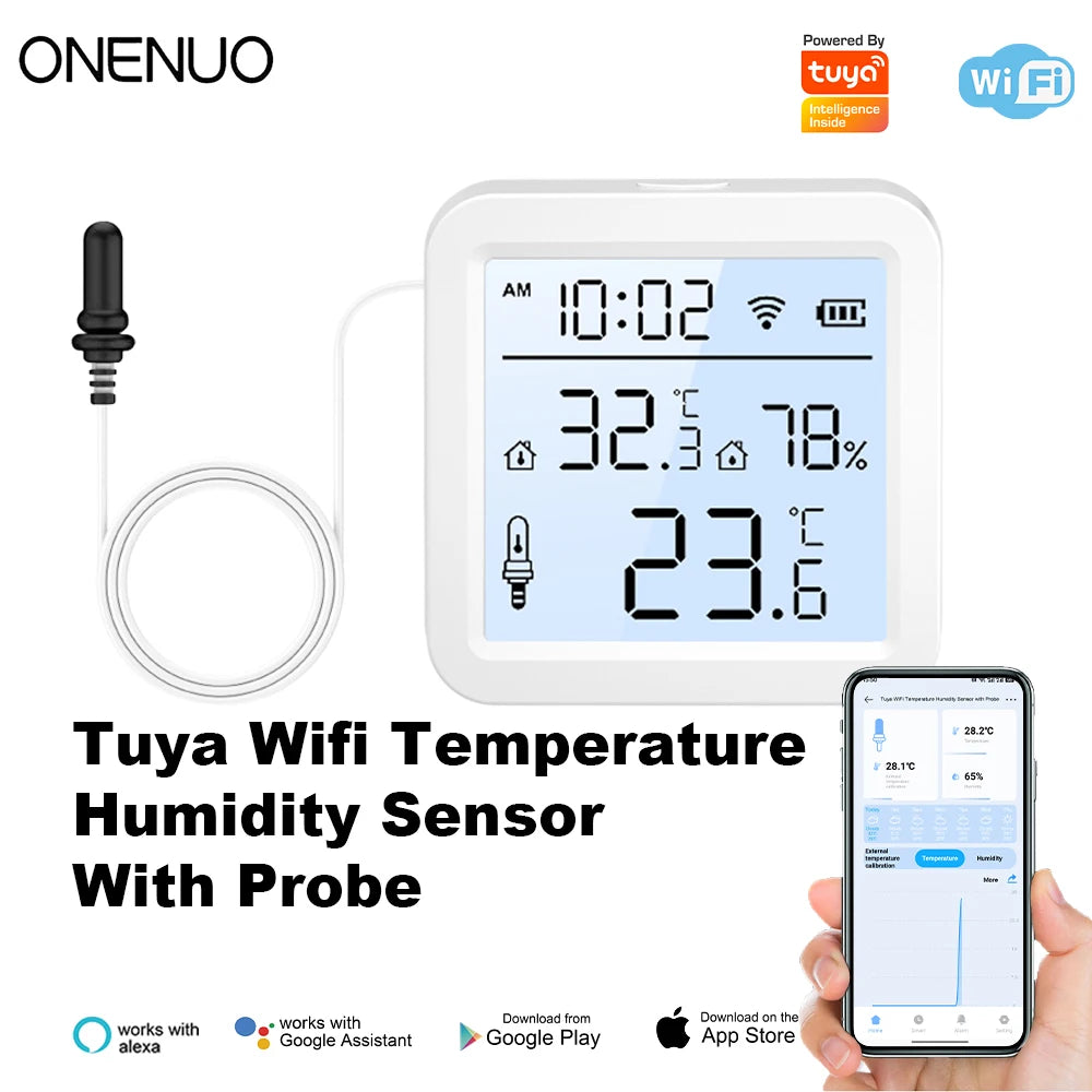2026 New Tuya WiFi Humidity Temperature Sensor with External Probe Thermometer for Smart Home APP Monitoring for Refrigerator