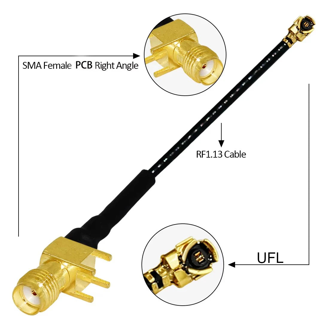 1PC SMA Female Jack Right Angle PCB Connector 1.13mm Cable Other End UFL/ No Connector/Exposed/Fork Soldering 15cm Customized