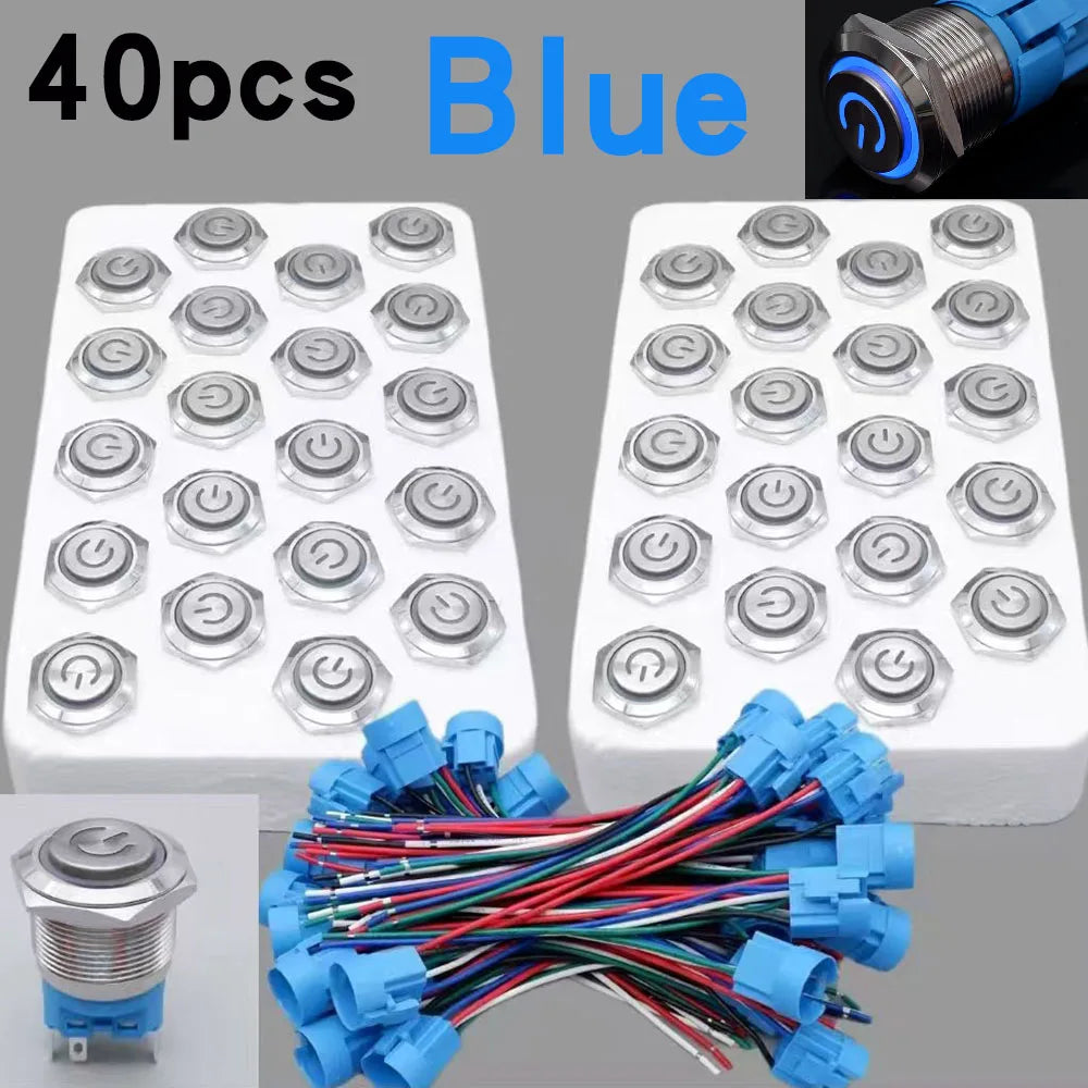 40pcs 22mm Push Button Switch Latching Momentary Metal PC Power LED Light On Off with Wire Waterproof 12v 3v 5v 6v 24v 220v Red