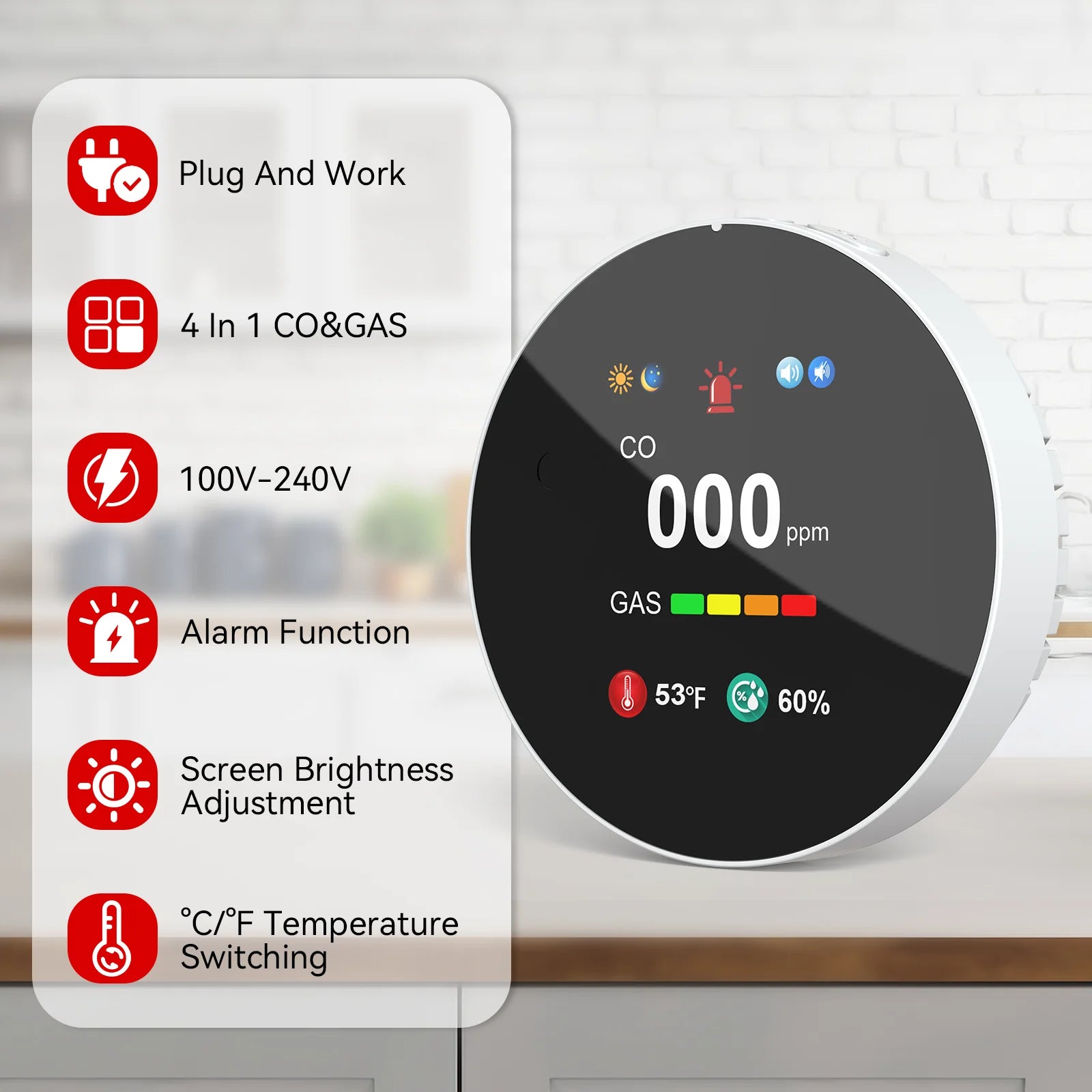Combination Gas&Carbon Monoxide Detector 4-in-1 Natural Gas Leak&CO Alarm with Temperature&Humidity for Home security protection