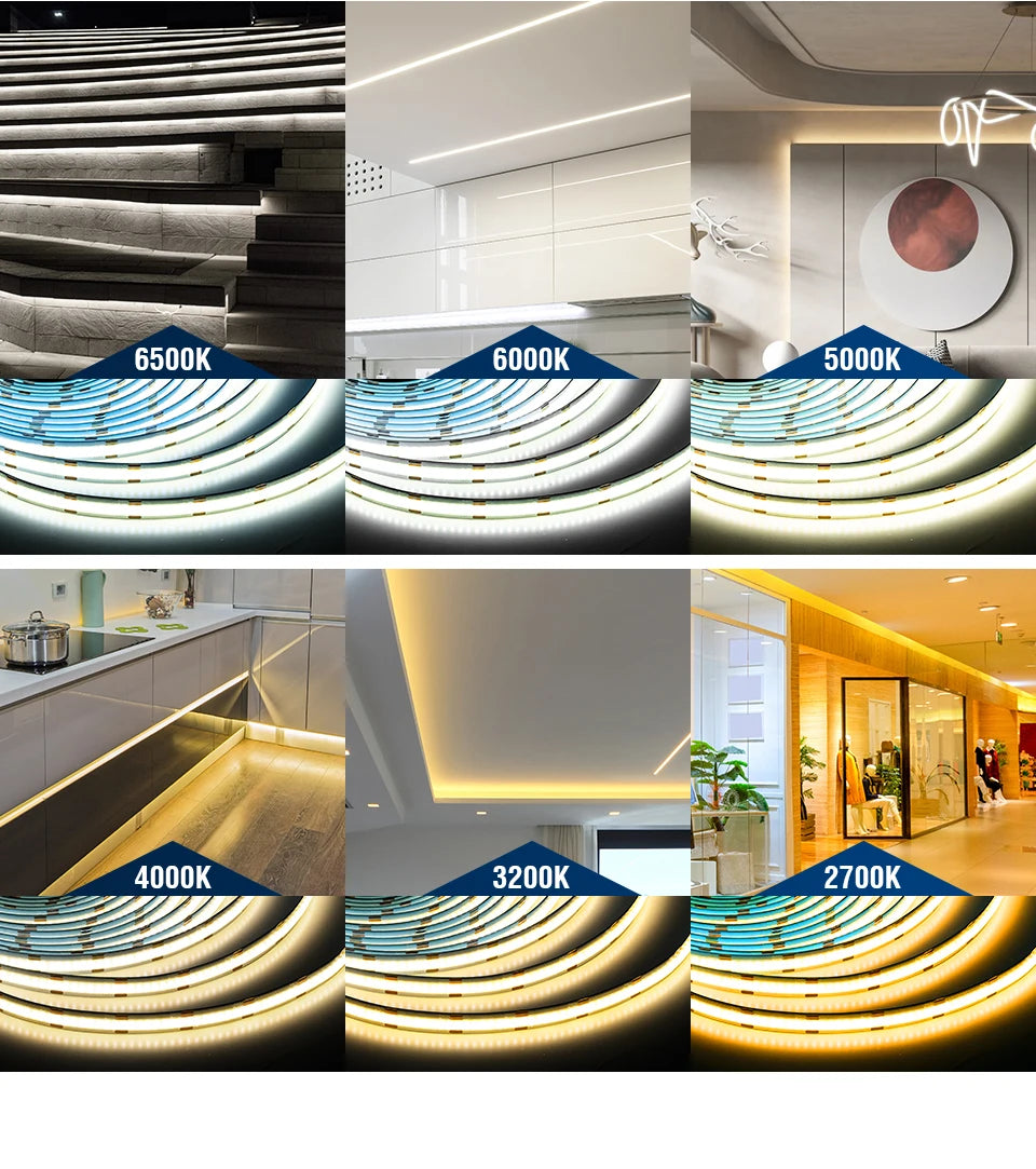 FCOB CCT LED Light Strip 640 LEDs High Density Flexible FOB COB 10mm Led Lights RA90 3000K to 6000K Linear Dimmable DC12V DC24V