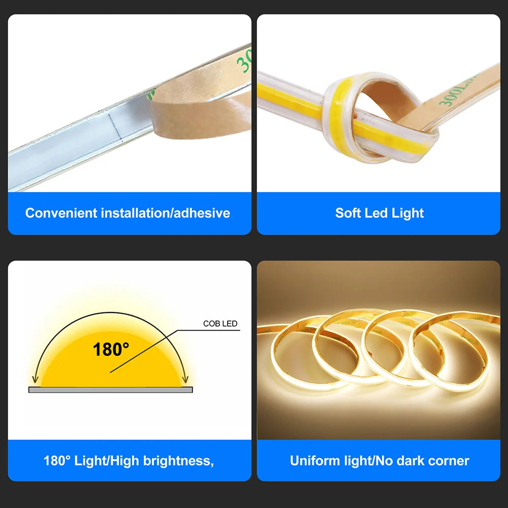 12V 24V Waterproof COB LED Strip Light 3000K 4000K 6000K IP67 Flexible Led Tape 480LEDs/m 5m 10m 20m 0.5m 1m 2m Linear Lighting