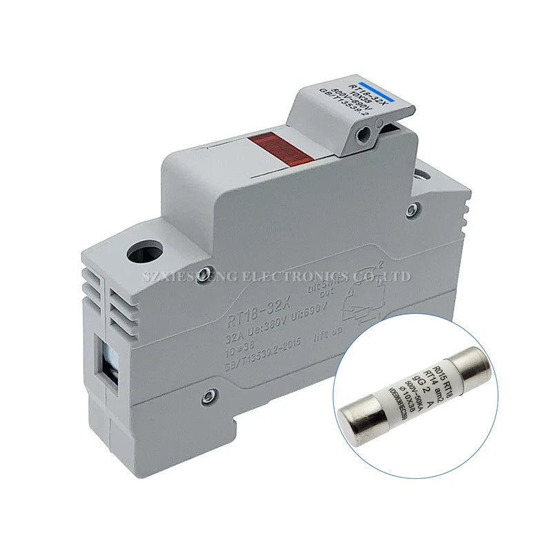 1Set RT18-32X AC 500V~690V 32A 1 Pole 10x38MM DIN Rail Mounting Fuse Holder Base With LCD LED Light & RO15 Ceramic Fuse 0.5A-32A