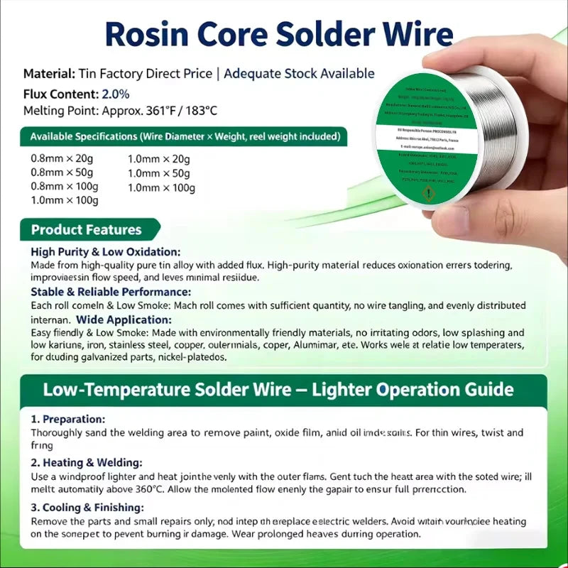 1.0mm 20g 50g 100g Soldering Tin Wire Tin Melt Rosin Core Solder Low Temperature Easy Melt Solder Wire  No-clean FLUX 2.2%