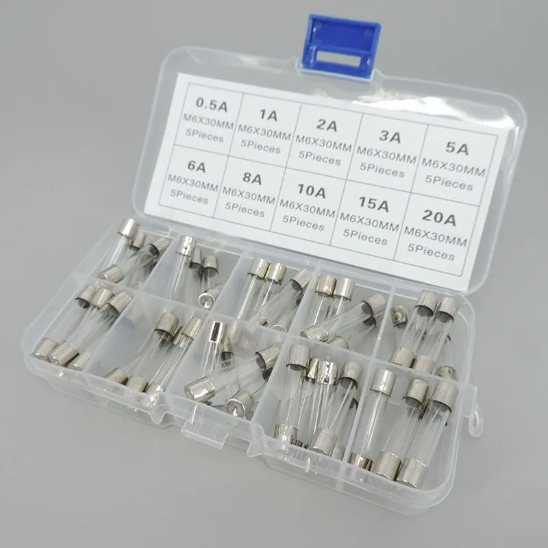 50Pc/box 6x30mm fast Blow Glass Tube mix Fuse Assorted Box mix Kits T 0.5A 1A, 2A, 3A, 5A, 6A, 8A, 10A, 15A, 20A 3cm 6x30 c1