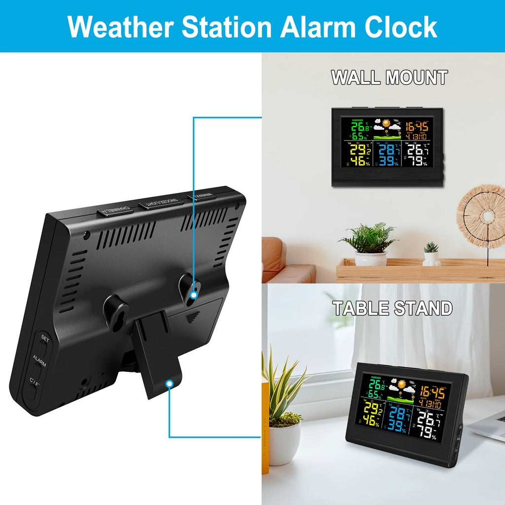 Wireless Weather Station with 3 Sensors 8 Channels 100m Range Indoor/Outdoor Thermometer Hygrometer Alarm Clock for Home Office
