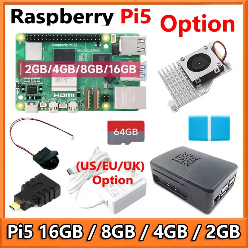 Raspberry Pi 5 16GB /8GB/4GB/2GB RAM Option Pi5 8GB KIt PD Power Supply / RTC / 64GB Card / Heatsink Fan / Card reader