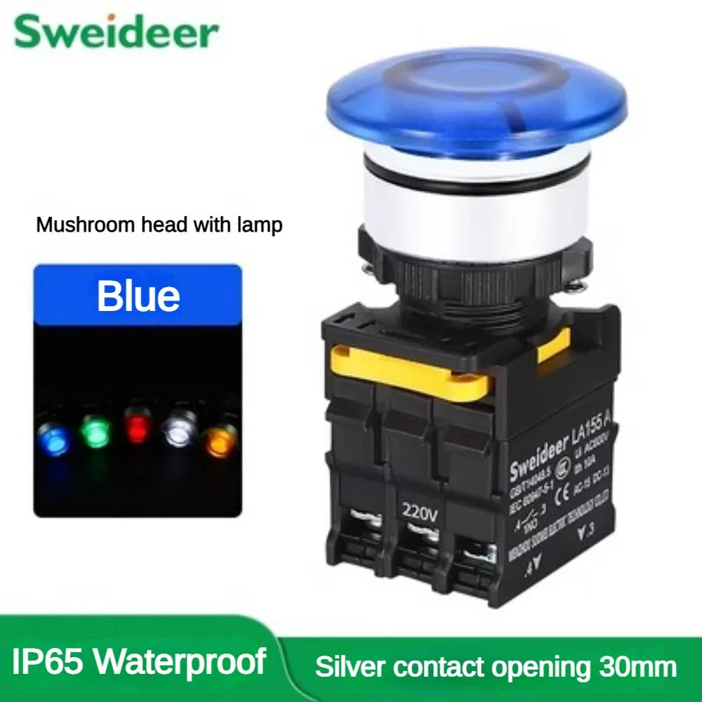 30mm Mushroom Button Switch with Light Waterproof Momentary Reset Self Locking Power Push Button Switch 12V 24V 220V 1NO 1NC Red