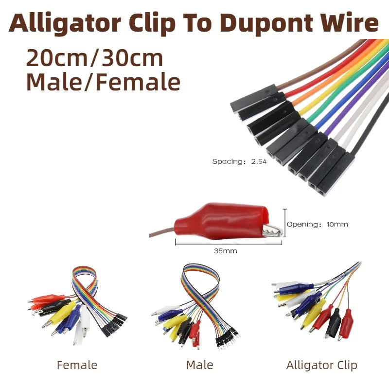 10pcs-5-1pcs 20cm 30cm Alligator Clip To Dupont Wire 10Pin Male Crocodile Clip To Jumper Wire 10pin Female Test Lead for Arduino