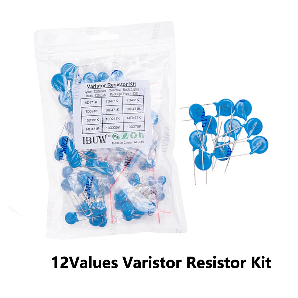 120PCS 12Values Varistor Resistor Kit 5D471K 7D471K Etc. DIP Package for Surge Protection Projects 10D241K 14D471K/431K