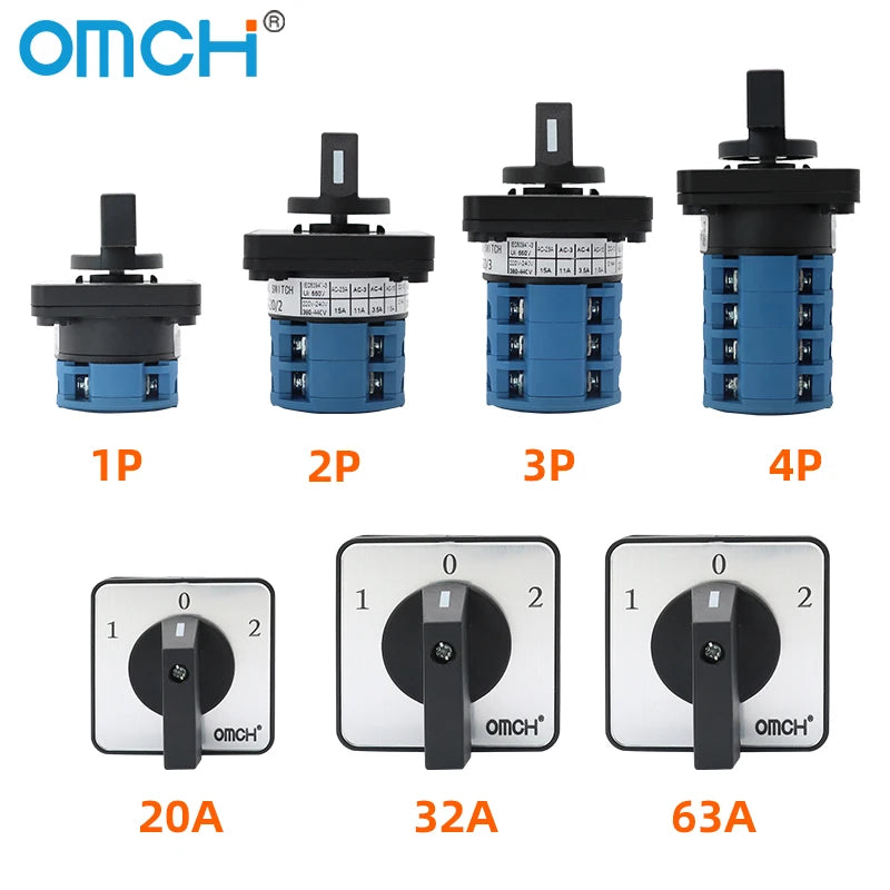 OMCH 1PCS Silver Contact LW26-20/32/63 Universal Switch 3 Position 1-0-2 1/2/3/4 Poles 440V 4/8/12/16Terminals Rotary Cam Switch